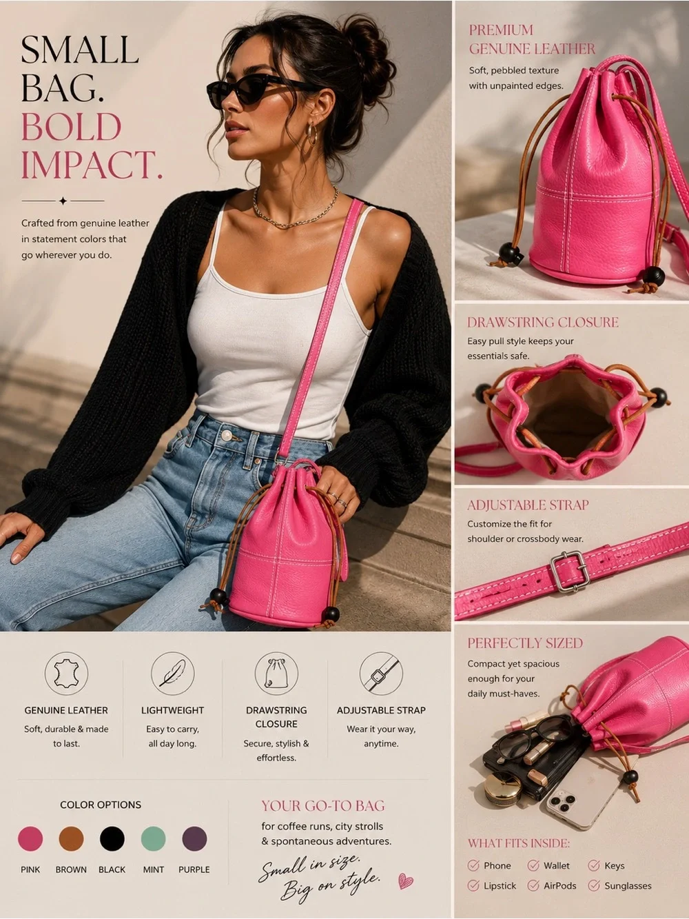 Genuine Leather Pink Drawstring Crossbody Bag